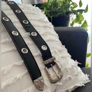 Black leather belt with holes and vintage buckle. 42 inch | 110 centimeters